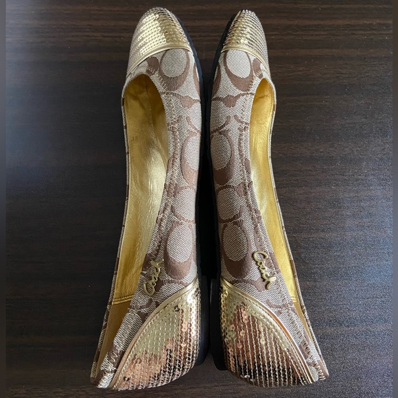 COACH SHINE BEIGE BROWN & GOLD SEQUIN BALLET NEAR-VINTAGE FLATS SIZE 9B - Picture 3 of 8